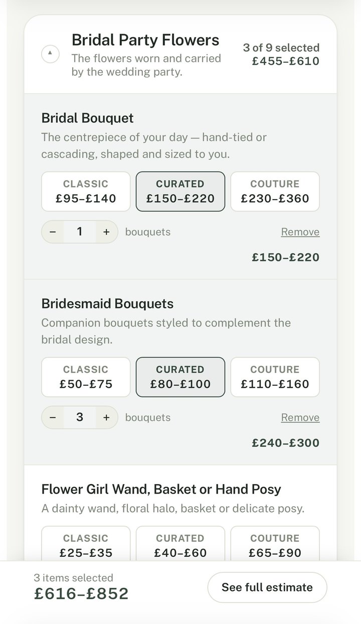 The calculator on a phone: bridal and bridesmaid bouquets chosen at the Curated level, with a running total of £616 to £852