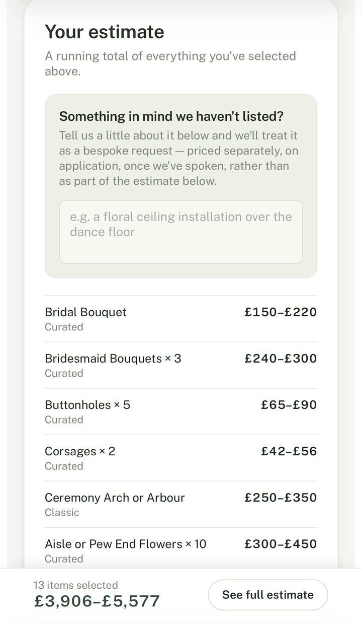 The calculator on a phone: the full estimate listing each chosen item with its price range, totalling £3,906 to £5,577
